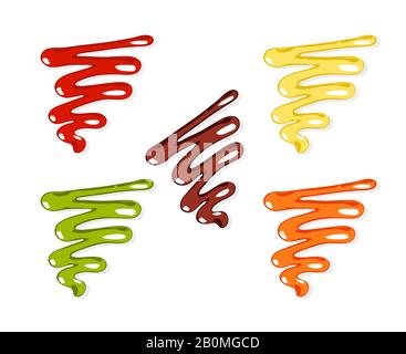 Set di salse diverse, maionese, salsa al peperoncino, senape e ketchup, barbecue. Illustrazione del vettore. Illustrazione Vettoriale