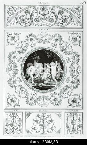 Francesco Bartolozzi, Bacchanal con Cinque Putti, Rondel In Cornice Rettangolare (in 'segni per Ornamenti Vari,' pl. 40), Francesco Bartolozzi (italiano, Firenze 1728–1815 Lisbona), Michelangelo Pergolesi (italiano, attivo dal 1760 – morto nel 1801), Dopo Giovanni Battista Cipriani (italiano, Firenze 1727–1785 Hammersmith (attivo a Londra)), 29 febbraio 1782, Incisione, piatto: 17 7/8 x 11 pollici. (45,4 x 27,9 cm Foto Stock