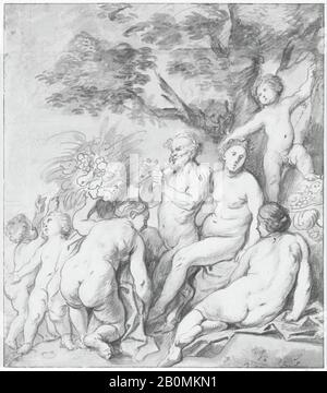 Jacob Jordaens, Allegoria Della Fertilità (Recto), Jacob Jordaens (Fiammingo, Anversa 1593-1678), Ca. 1640, penna e pennello e inchiostro marrone, acquerello, su tracce di disegno preliminare in gesso nero., Verso in gesso nero., 9 1/16 x 8 in. (23 x 20,3 cm), Disegni Foto Stock