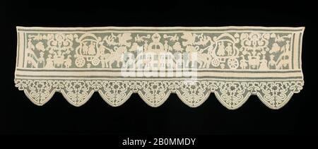 Bordo della tenda del letto, russo, primo quarto 19th secolo, russo, lavori di traino, ricamo, merletto della bobina, lino, 21 5/8 x 78 pollici. (54,9 x 198,1 cm), Textiles-Laces Foto Stock