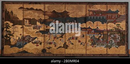 Cento ragazzi cinesi, Giappone, periodo Edo (1615–1868), Data 18th secolo, Giappone, Schermo pieghevole A Sei pannelli; inchiostro, colore e oro su carta dorata, immagine: 49 x 111 1/2 in. (124,5 x 283,2 cm), Schermi Foto Stock