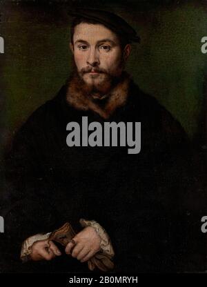 Corneille de Lyon, Ritratto di un uomo con Guanti, Corneille de Lyon (Netherlandish, l'Aia, attivo dal 1533-morto 1575 Lione), ca. 1535, olio su legno, 8 3/8 x 6 1/2 in. (21,3 x 16,5 cm), Dipinti Foto Stock