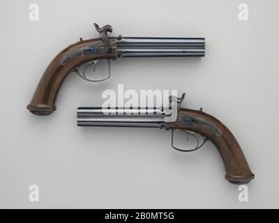 James Purdey The Elder, Coppia Di Quattro Barreled Turnover Percussion Pistols di Henry Pelham Fiennes Pelham-Clinton, 4th Duca di Newcastle-Under-Lyne (1785–1851), Con Coppia di Box-Lock Turn-Off Pocket Pistols, Case, and Accessories, British, London, Possibilmente Peter Gumbrell (British, London, Active 19th secolo), 1831, London, Giro D'Affari di Londra: acciaio, legno (noce), oro, argento; pistole tascabili: acciaio, legno (noce); mazzuolo: legno (noce, palissandro, ebano), pelle; rameasta: legno (ebano), ottone; barra di pulizia: legno (noce), ottone, acciaio; punta asta di pulizia: ottone; matraccio in polvere: rame Foto Stock