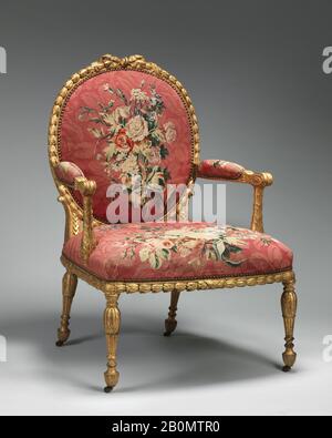 John Mayhew, Armchair (uno dei sei), britannico e francese, John Mayhew (inglese, 1736–1811) e William Ince (inglese, attivo ca. 1758/59–1794, morto nel 1804), arazzo intessuto a Manufacture Nationale des Gobelins (francese, fondato nel 1662), laboratorio di Jacques Neilson (francese, 1714–1788), 1769–71, britannico e francese, fruttato Dorato; lana e seta (22-24 orditi per pollice, 9-10 centimetri), 41 1/2 × 28 1/2 × 27 in. (105,4 × 72,4 × 68,6 cm Foto Stock