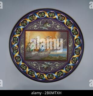 Gioacchino Barberi, Tavola raffigurante Aurora e il Chariot di Apollo, Italiano, Roma, Gioacchino Barberi (Italiano, 1783–1857), Dopo una composizione di Guido reni (Italiano, Bologna 1575–1642 Bologna), 1822, Italiano, Roma, Micromosaic, Diametro (solo in alto, confermato): 37" (94 cm), Complessivo (assemblato come tabella, confermato): 20 1/2 × 38 1/4 × 38 1/4 in. (52,1 × 97,2 × 97,2 cm), Sostanze naturali Foto Stock