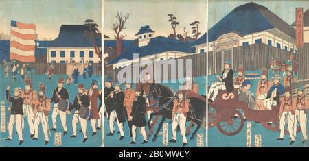 Utagawa Yoshikazu, immagine di una Processione degli stranieri a Yokohama, Giappone, periodo Edo (1615–1868), Utagawa Yoshikazu (giapponese, ca attiva. 1850–1870), 2nd mese, 1861, Giappone, Trittico di stampe policrome in legno; inchiostro e colore su carta, immagine: 14 1/8 x 29 1/16 in. (35,9 x 73,8 cm), Totale (tappetino): 20 x 35" (50,8 x 88,9 cm), stampe Foto Stock