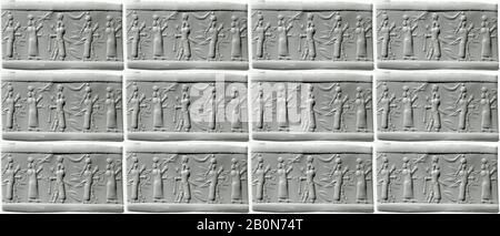 Sigillo cilindrico con scena cultica, assiro-babilonese, neo-assiro, neobabilonese, Data 8th-7th secolo a.C., Mesopotamia, assiro-babilonese, calcedonio neutro (quarzo), 0,37 pollici. (0,94 Cm), Guarnizioni Cilindro-Pietra Foto Stock