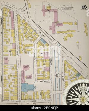 Immagine 19 Della Mappa Sanborn Fire Insurance Di Lowell, Middlesex County, Massachusetts. 1892. 70 fogli. Bound, America, mappa stradale con una bussola Del Xix Secolo Foto Stock