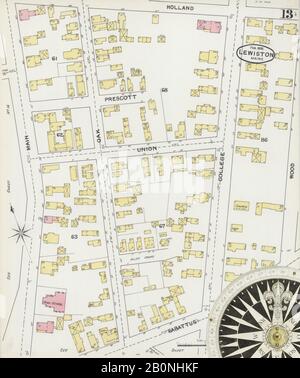 Immagine 13 Della Mappa Sanborn Fire Insurance Di Lewiston, Androscoggin County, Maine. Feb 1892. 15 fogli, America, mappa stradale con una bussola Del Xix Secolo Foto Stock