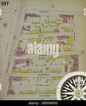 Immagine 19 Della Mappa Sanborn Fire Insurance Da Newark, Essex County, New Jersey. 1892 Vol. 4. 70 fogli. Mappa dei contorni che mostra i serbatoi di distribuzione delle opere d'acqua della città e i distretti forniti da ciascuno. Bound, America, mappa stradale con una bussola Del Xix Secolo Foto Stock