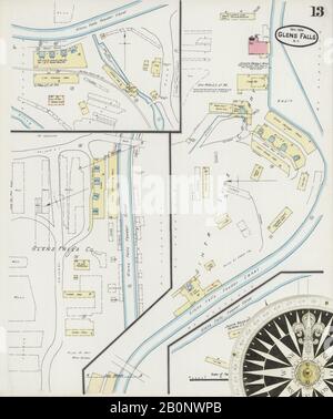 Immagine 13 Della Mappa Sanborn Fire Insurance Di Glens Falls, Warren County, New York. Nov 1890. 14 fogli, America, mappa stradale con una bussola Del Xix Secolo Foto Stock