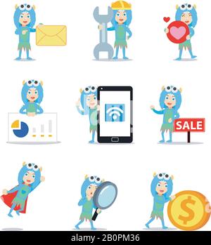 Set personaggio di mostro blu femminile con due corna carino. Illustrazione Vettoriale