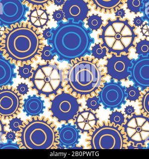 Gear Collage molti formati e stili di ingranaggi in blu brillante e giallo, ripetizione senza cuciture vettore di disegno di superficie Illustrazione Vettoriale