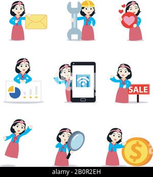 Personaggio della donna in formale Hanbok coreano durante la cerimonia di nozze. Illustrazione Vettoriale