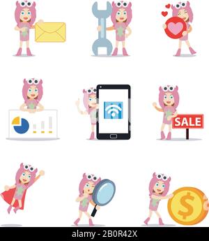 Set personaggio di donna in costume mostro rosa carino. Illustrazione Vettoriale