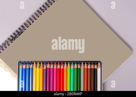 Una scatola con matite multicolore affilate si trova su uno sketchbook. Elementi per la creatività. Foto Stock