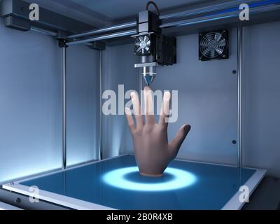 la stampante 3d di rendering 3d stampa la mano protesica Foto Stock