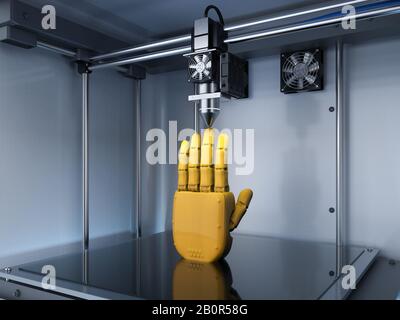 stampante 3d 3d rendering con mano robotica Foto Stock