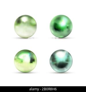 Set di palle di marmo lucido verde con riflessi su bianco Illustrazione Vettoriale