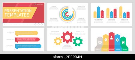 Set di elementi grigi, gialli, rossi, blu e turchesi per le diapositive dei modelli di presentazione multifunzione con grafici e grafici. Illustrazione Vettoriale