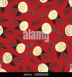 Motivo vettoriale senza cuciture rose bianche con accenti in lamina d'oro su sfondo rosso. Fiori scandinavi stilizzati piatti. Fiori decorativi per carte Illustrazione Vettoriale