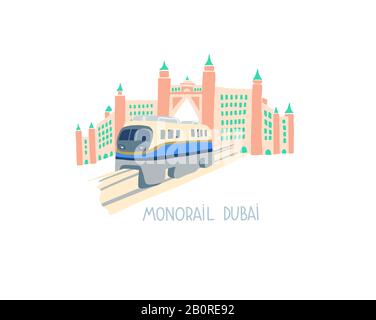 Disegno a mano piatto di monorotaia a Dubai, Emirati Arabi Uniti, Medio Oriente Illustrazione Vettoriale