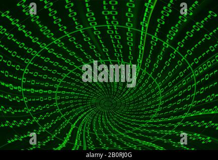 Tunnel di dati binari digitali e streaming di codice binario sullo sfondo nero. Foto Stock