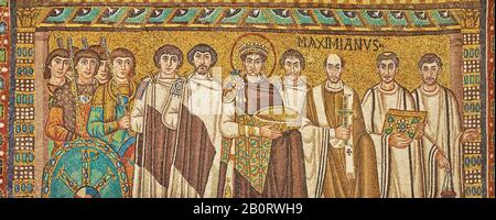 Mosaico raffigurante l'imperatore Giustiniano I. bizantina mosaici romani della Basilica di San Vitale a Ravenna, Italia. Decorazione a mosaico pagato dall imperatore J Foto Stock