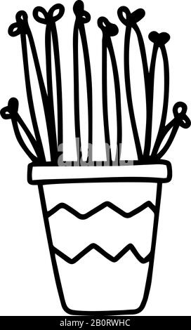 Un secchio di fiori, un vaso di piante in stile doodle disegnato a mano isolato su sfondo bianco. Illustrazione dello stock del contorno del vettore. Segno giardinaggio Illustrazione Vettoriale
