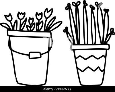 Un secchio di fiori, un vaso di piante in stile doodle disegnato a mano isolato su sfondo bianco. Illustrazione dello stock del contorno del vettore. Firma Illustrazione Vettoriale