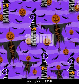 Modello di Halloween senza cuciture con zucca e pipistrelli su sfondo viola. Scecrow. - Illustrazione Foto Stock