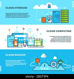 Soluzione di cloud computing, servizi aziendali per lo storage dei dati, banner vettoriali per la tecnologia informatica. Concetto di banner per lo storage cloud, illustrazione del backup e del computing cloud Illustrazione Vettoriale