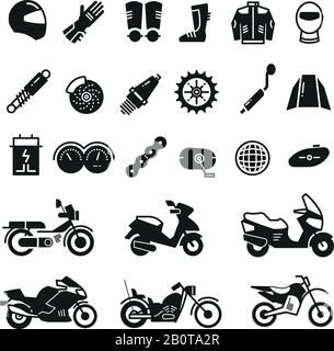 Moto da corsa, parti di moto e icone vettori di trasporto. Moto dalla silhouette nera, illustrazione dei componenti per moto Illustrazione Vettoriale