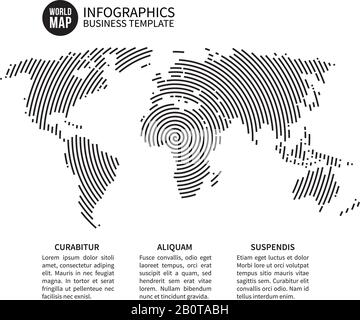 Mappa mondiale della terra della linea a spirale. Sfondo vettoriale geografico astratto. Mappa del globo con striscia di turbolenza rotonda, illustrazione della linea a spirale del modello di mappa Illustrazione Vettoriale