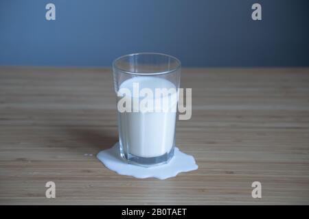 vista frontale primo piano di vetro in una pozza di latte versato su tavolo di legno di colore chiaro in illuminazione naturale contro una parete grigia sfondo Foto Stock