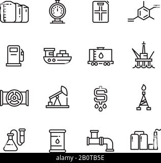 Icone della linea vettoriale per la produzione di petrolio e gas e apparecchiature industriali. Petrolio e gas industriali, illustrazione del petrolio di energia di industria Illustrazione Vettoriale