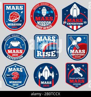 Emblemi spaziali vettoriali della missione di Marte. Stemmi da viaggio astronauti. Set di etichette viaggio per mars, illustrazione di avventura per mars pianeta Illustrazione Vettoriale