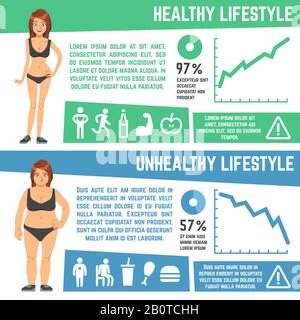 Perdita di peso e dieta dati infografiche dei vettori medici. Illustrazione grafica dello stile di vita sano e non sano Illustrazione Vettoriale