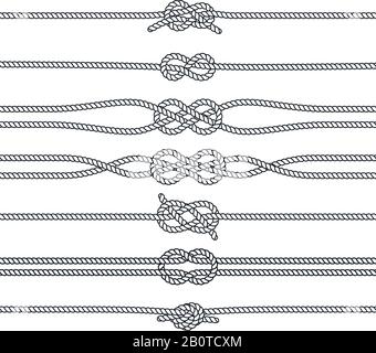 Nodi vela bordi orizzontali o deviatori. Decorazioni marittime vettoriali. Nodi nautici, illustrazione del nodo ritorto della corda Illustrazione Vettoriale