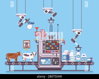 Produzione di latte, trasformazione in fase su trasportatore, prodotti lattiero-caseari concetto vettoriale di gestione industriale. Industria del latte, produzione linea latte illustrazione Illustrazione Vettoriale