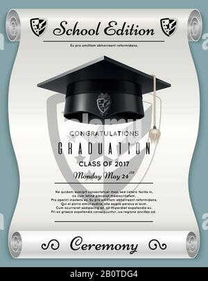 Concetto accademico di scuola superiore con limite di laurea. Complimenti sfondo vettore. Educazione alla cerimonia di laurea, illustrazione della cerimonia di laurea con poster Illustrazione Vettoriale