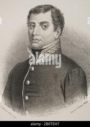 Rafael del Riego (1784-1823). Militare e politico spagnolo. Ha proclamato la Costituzione liberale di Cadice, A Cabezas de San Juan (provincia di Siviglia, Andalusia), inaugurando il Triennio liberale. Verticale. Illustrazione di J. Cebrian. Litografia. Cronica Generale De España. Historia Ilustrada y Descriptiva de sus Provincias. Asturias e Leon, 1867. Foto Stock