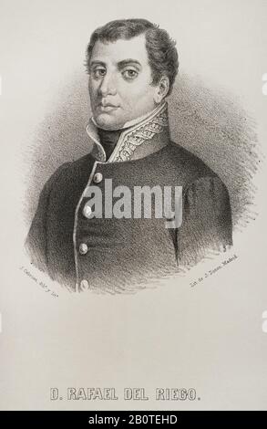 Rafael del Riego (1784-1823). Militare e politico spagnolo. Ha proclamato la Costituzione liberale di Cadice, A Cabezas de San Juan (provincia di Siviglia, Andalusia), inaugurando il Triennio liberale. Verticale. Illustrazione di J. Cebrian. Litografia. Cronica Generale De España. Historia Ilustrada y Descriptiva de sus Provincias. Asturias e Leon, 1867. Foto Stock
