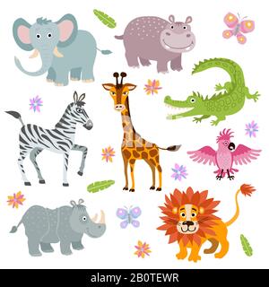 Cartone animato cute africano savana animali vettore set. Pappagallo animale selvatico e ippopotamo, illustrazione di alligatore e giraffe animale cartone animato Illustrazione Vettoriale