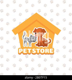 PET Store vettore sfondo con animali domestici felici. Animali domestici cane e gatto, illustrazione dell'emblema del negozio di animali domestici Illustrazione Vettoriale