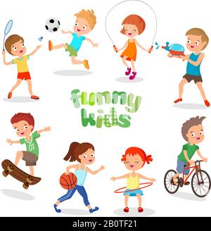 Bambini felici in uniforme che giocano a sport. Caratteri vettoriali figli attivi. Buon cartone animato per bambini, illustrazione dei bambini dello sport del personaggio Illustrazione Vettoriale