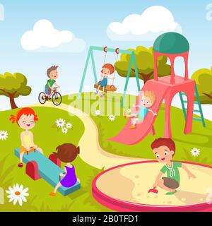 I bambini sono adorabili nel parco giochi. Bambini felici che giocano in estate parco vettore sfondo. Asilo con ragazzo e ragazza, illustrazione dell'infanzia nel parco Illustrazione Vettoriale