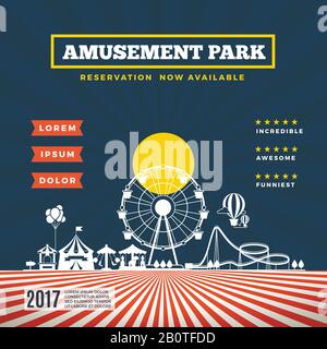 Vettore divertimento parco di sfondo a tema. Banner con attrazione carnevale, illustrazione del parco divertimenti festival Illustrazione Vettoriale