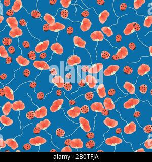 rosso e ladybugs su sfondo blu senza cuciture vettore modello Illustrazione Vettoriale