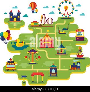 Divertimento per tutta la famiglia parco divertimenti mappa vettoriale. Intrattenimento in background vettore vacanza. Illustrazione del festival fiera intrattenimento e parco divertimenti Illustrazione Vettoriale